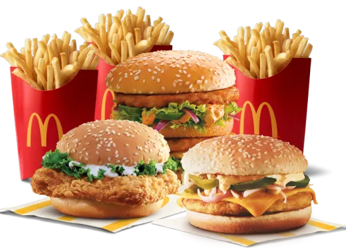 McSpicy Chicken Burger + Grilled Chicken & Cheese Burger + McChicken Burger + Chicken Maharaja Mac + 3 Fries (L)